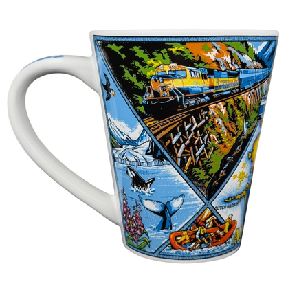 Alaska Wildlife Landmark Collage Mug featuring colorful images of wildlife, landscapes, and a train