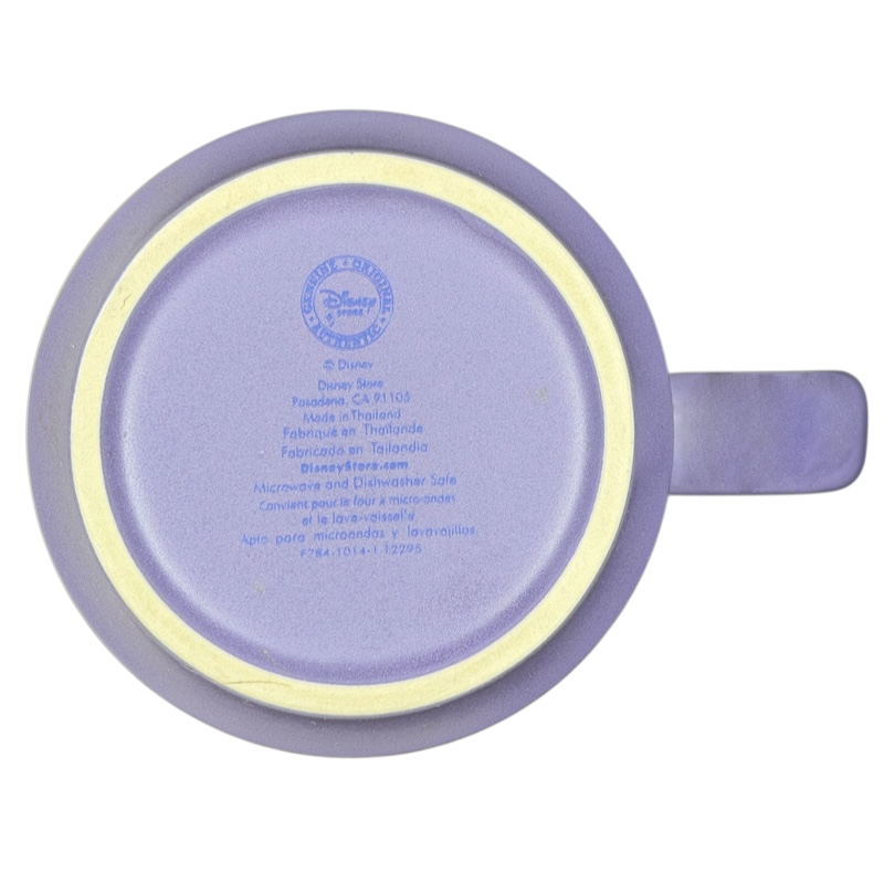 Bottom view of Alice in Wonderland Collage Mug Disney Store featuring a lavender design with Disney branding