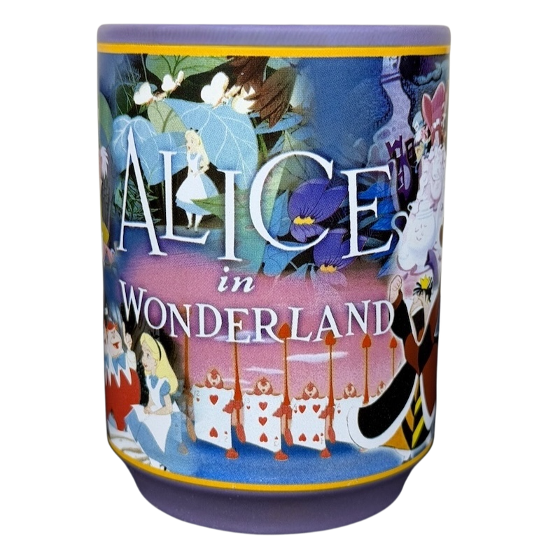 Alice in Wonderland Collage Mug Disney Store featuring vibrant characters from the classic animated film