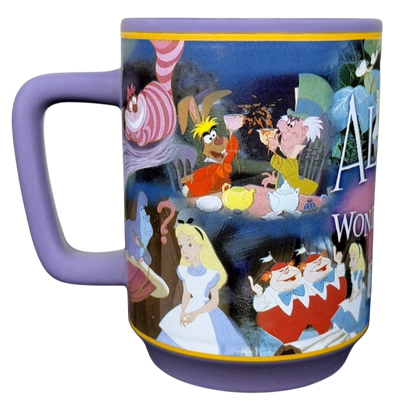 Alice in Wonderland Collage Mug Disney Store featuring vibrant characters and whimsical designs