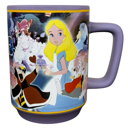 Alice in Wonderland Collage Mug Disney Store featuring vibrant characters and scenes from the classic film