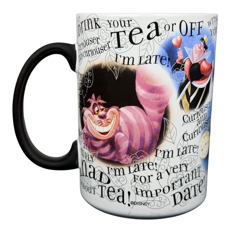 Disney Alice in Wonderland quotes mug featuring the Cheshire Cat and fun phrases from the story