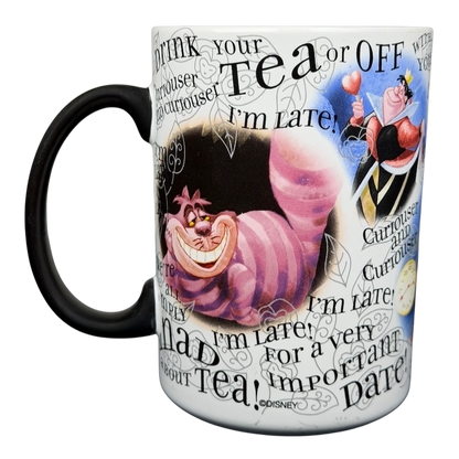 Disney Alice in Wonderland quotes mug featuring the Cheshire Cat and fun phrases from the story