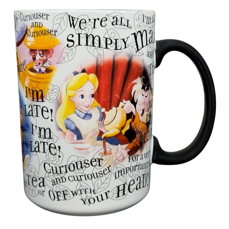 Alice in Wonderland quotes mug featuring colorful characters and whimsical text designs