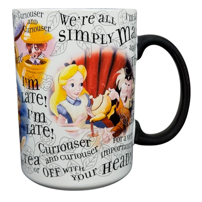 Alice in Wonderland quotes mug featuring colorful characters and whimsical text designs