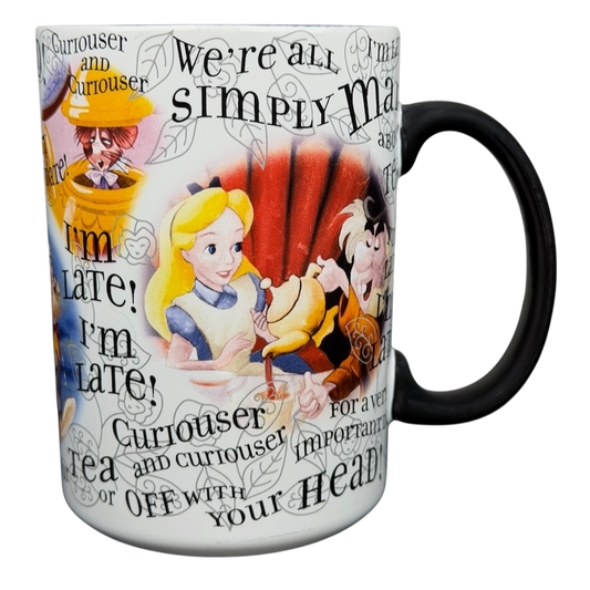 Alice in Wonderland quotes mug featuring colorful characters and whimsical text designs