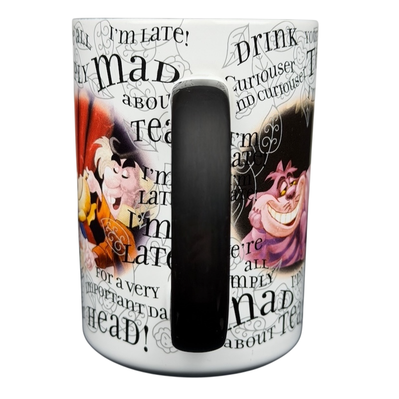 Alice in Wonderland quotes mug featuring characters and whimsical text for tea lovers