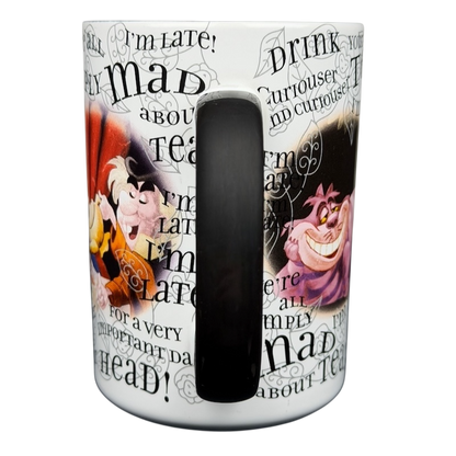 Alice in Wonderland quotes mug featuring characters and whimsical text for tea lovers