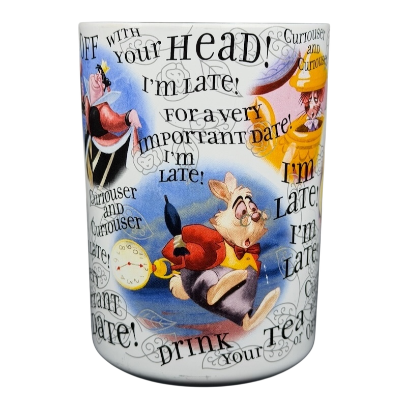 Disney Alice in Wonderland quotes mug featuring whimsical designs and iconic phrases from the story