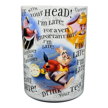 Disney Alice in Wonderland quotes mug featuring whimsical designs and iconic phrases from the story