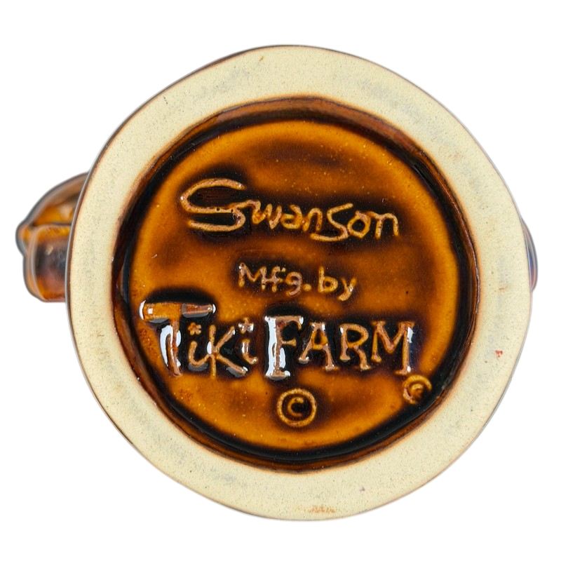 Bottom view of Alua Wahines Tiki Mug Mark Swanson Tiki Farm showcasing logo and craftsmanship details