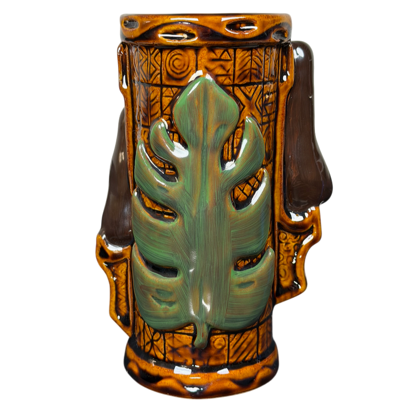 Handcrafted Alua Wahines Tiki Mug Mark Swanson Tiki Farm with vibrant green leaf design