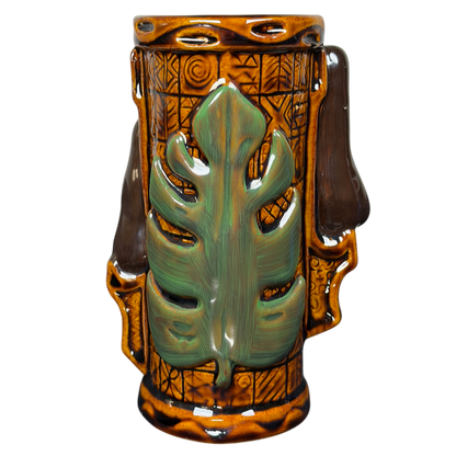 Handcrafted Alua Wahines Tiki Mug Mark Swanson Tiki Farm with vibrant green leaf design