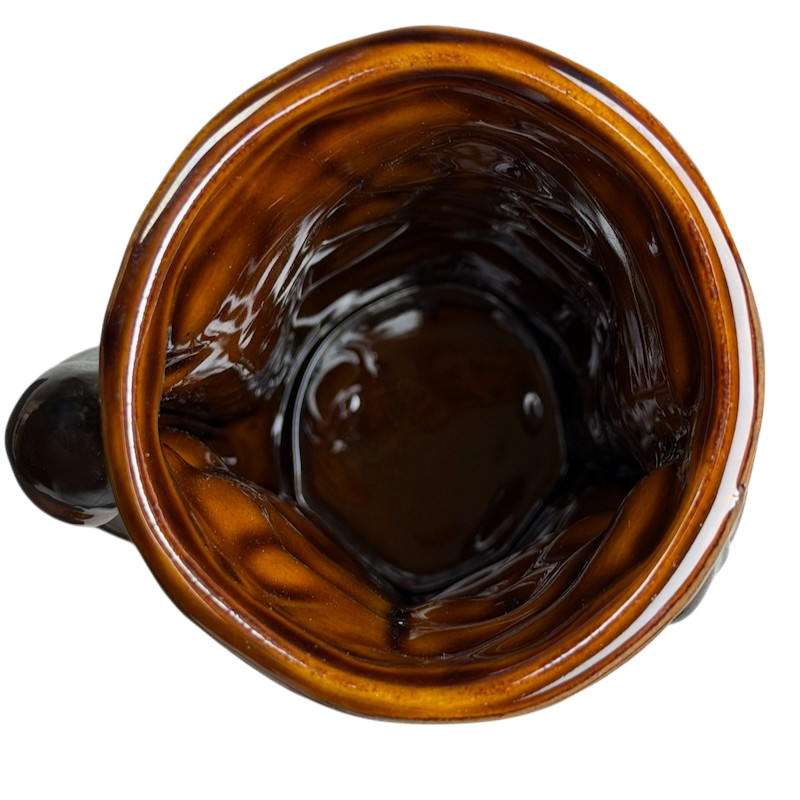 Top view of Alua Wahines Tiki Mug Mark Swanson Tiki Farm with a shiny brown glaze finish