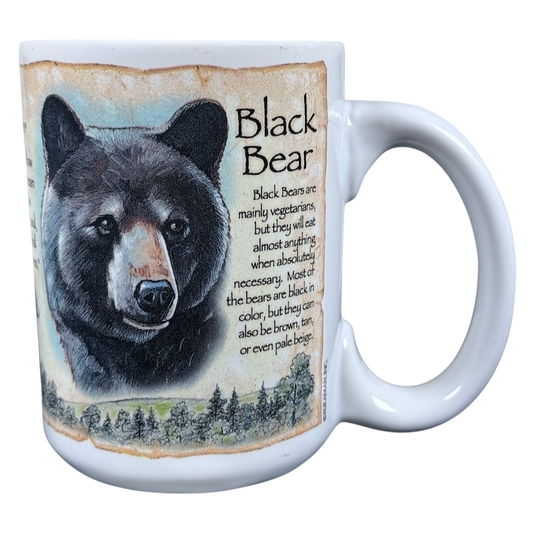 American Expedition Black Bear vintage mug white ceramic with illustrated black bear portrait and forest text panel