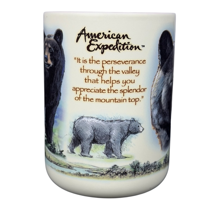 American Expedition Black Bear vintage mug featuring bear illustrations and inspirational quote