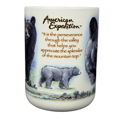 American Expedition Black Bear vintage mug featuring bear illustrations and inspirational quote