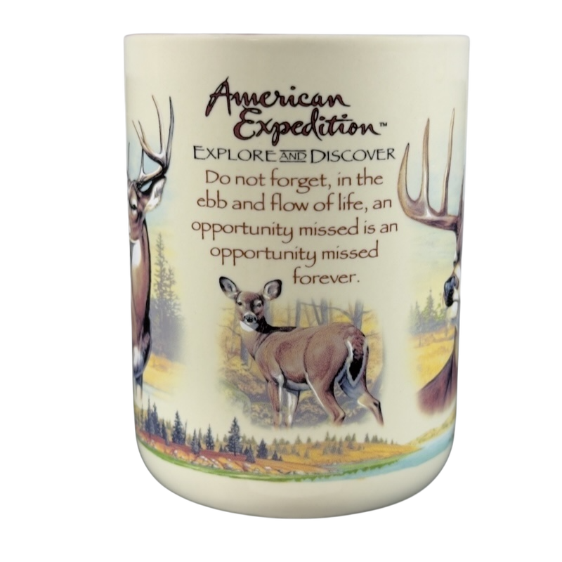 American Expedition Whitetail Deer Mug featuring wildlife artwork and inspiring quote