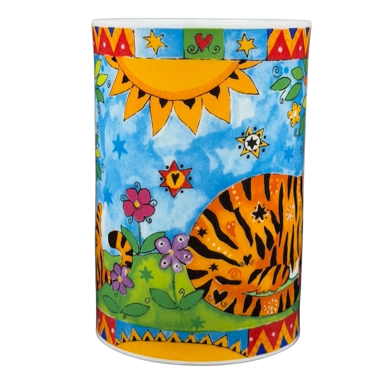 Animal Magic Louise Rawlings Tiger Bird Mug Dunoon with colorful floral and sun designs