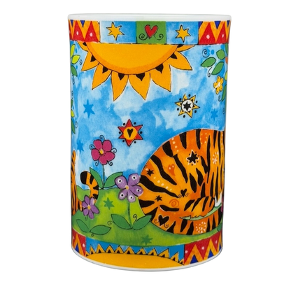 Animal Magic Louise Rawlings Tiger Bird Mug Dunoon with colorful floral and sun designs