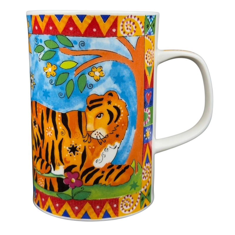 Animal Magic Louise Rawlings Tiger Bird Mug Dunoon featuring a vibrant tiger design with colorful patterns