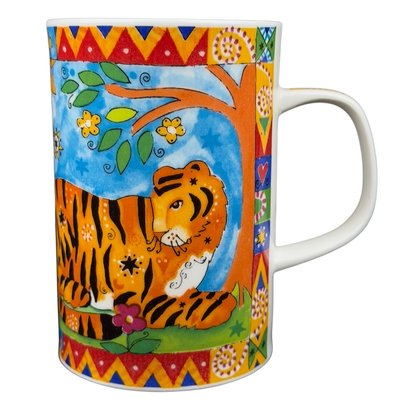 Animal Magic Louise Rawlings Tiger Bird Mug Dunoon featuring a vibrant tiger design with colorful patterns
