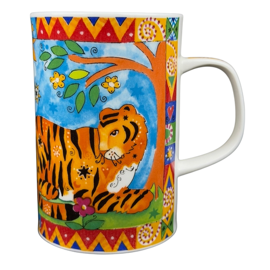 Animal Magic Louise Rawlings Tiger Bird Mug Dunoon featuring a vibrant tiger design with colorful patterns