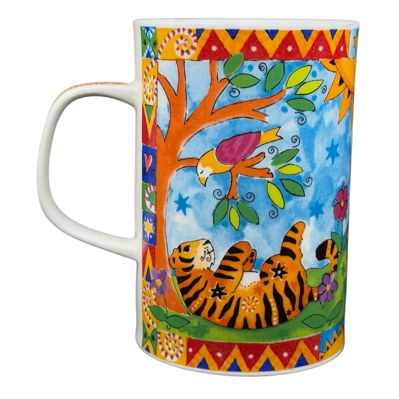 Animal Magic Louise Rawlings Tiger Bird Mug Dunoon featuring colorful tigers and a vibrant design