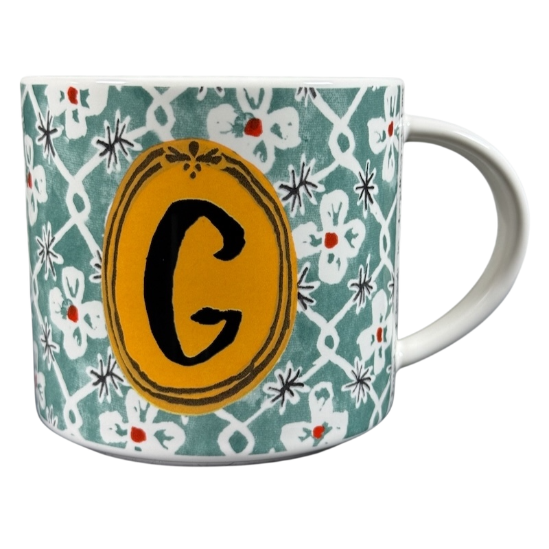 Anthropologie Alexandre Dumas G monogram initial mug green floral ceramic cup with yellow oval monogram