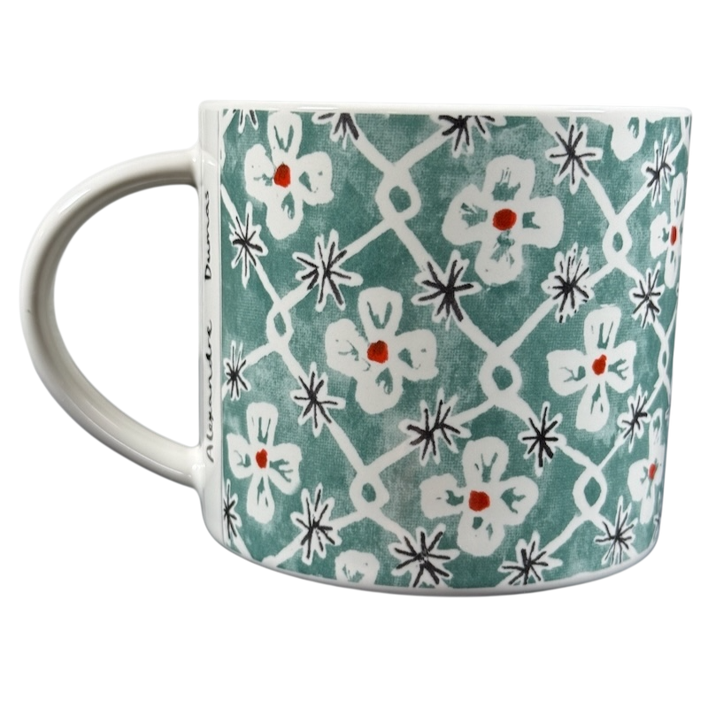 Anthropologie Alexandre Dumas G monogram initial mug turquoise ceramic coffee cup with white floral lattice and red centers