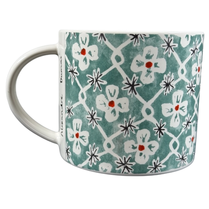 Anthropologie Alexandre Dumas G monogram initial mug turquoise ceramic coffee cup with white floral lattice and red centers