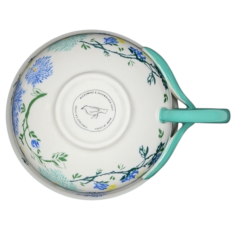 Arboretum Floral Teal Dragonfly Handle Mug Anthropologie featuring vibrant floral designs and a unique dragonfly handle