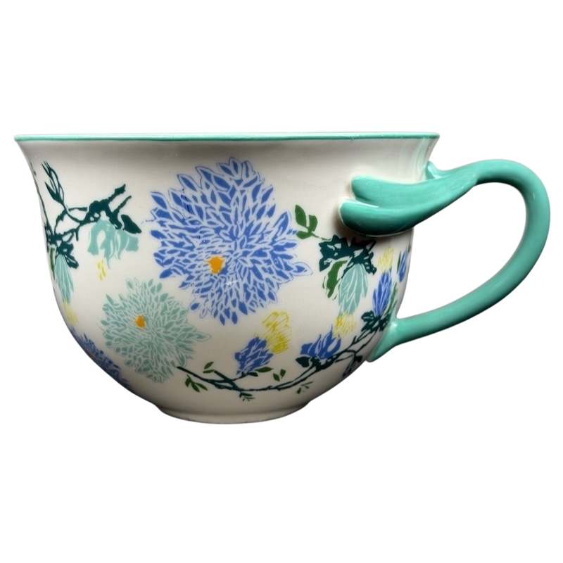 Arboretum Floral Teal Dragonfly Handle Mug Anthropologie featuring vibrant floral designs and unique dragonfly handle