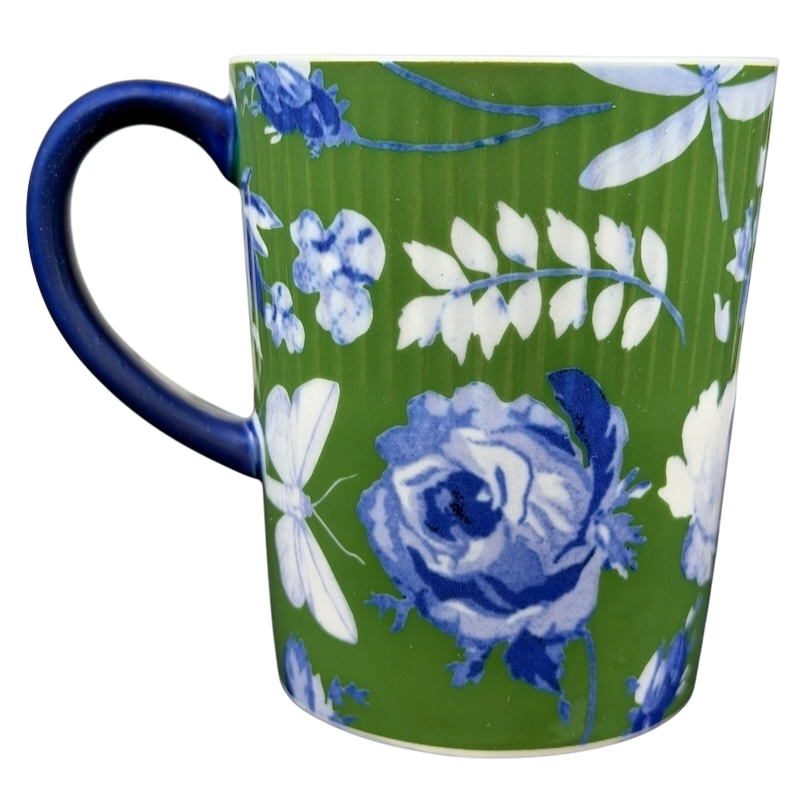 Athalia Butterfly Floral Mug Anthropologie features a vibrant green design with blue floral patterns