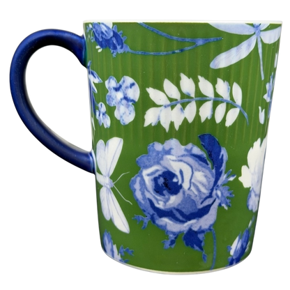 Athalia Butterfly Floral Mug Anthropologie features a vibrant green design with blue floral patterns