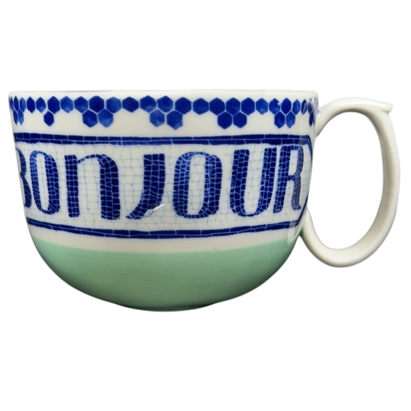Bonjour Pottery Bistro Mug Anthropologie with vibrant blue and green design and large handle