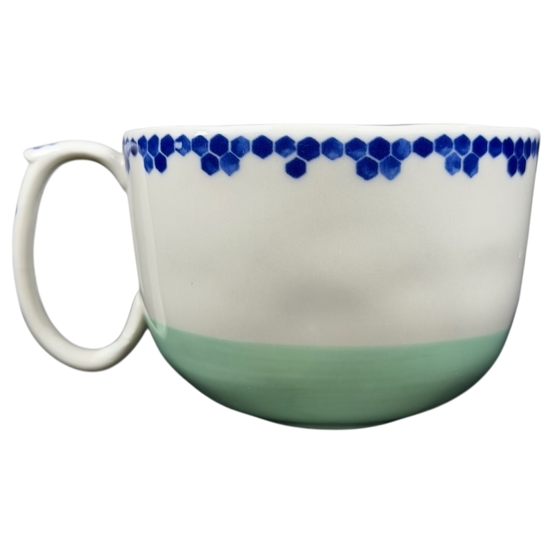 Bonjour Pottery Bistro Mug Anthropologie with Blue Honeycomb Design and Green Bottom