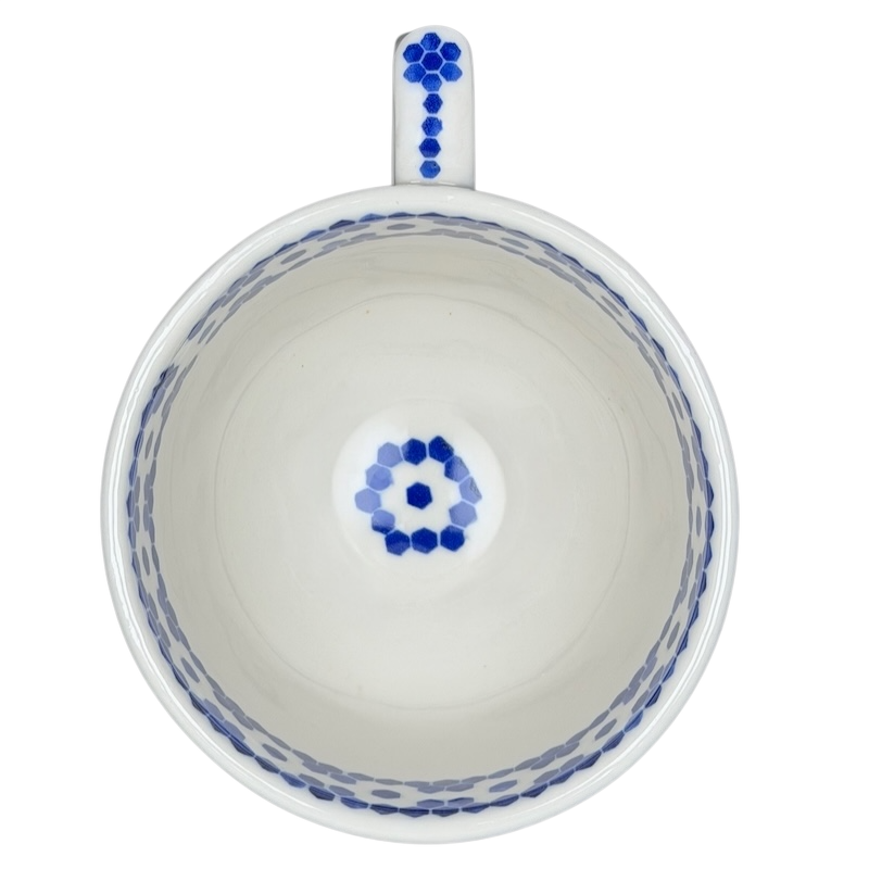 Bonjour Pottery Bistro Mug Anthropologie with intricate blue patterns inside and out