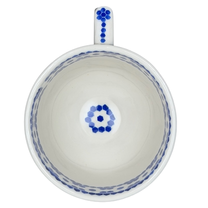 Bonjour Pottery Bistro Mug Anthropologie with intricate blue patterns inside and out