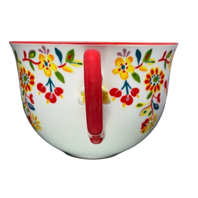 Cadiz Floral Mug Anthropologie featuring vibrant floral designs and a red handle for stylish coffee enjoyment