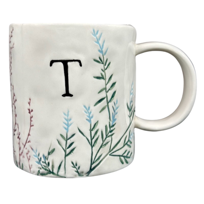 Anthropologie Dagny T monogram initial mug with elegant botanical designs and a unique shape