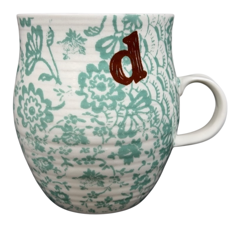 Homegrown Monogram Initial Mug Anthropologie with floral design and brown initial letter d