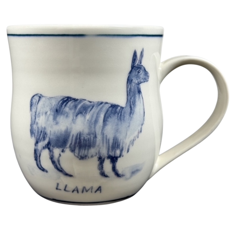 Anthropologie Molly Hatch llama collectible mug featuring a hand-painted blue llama design