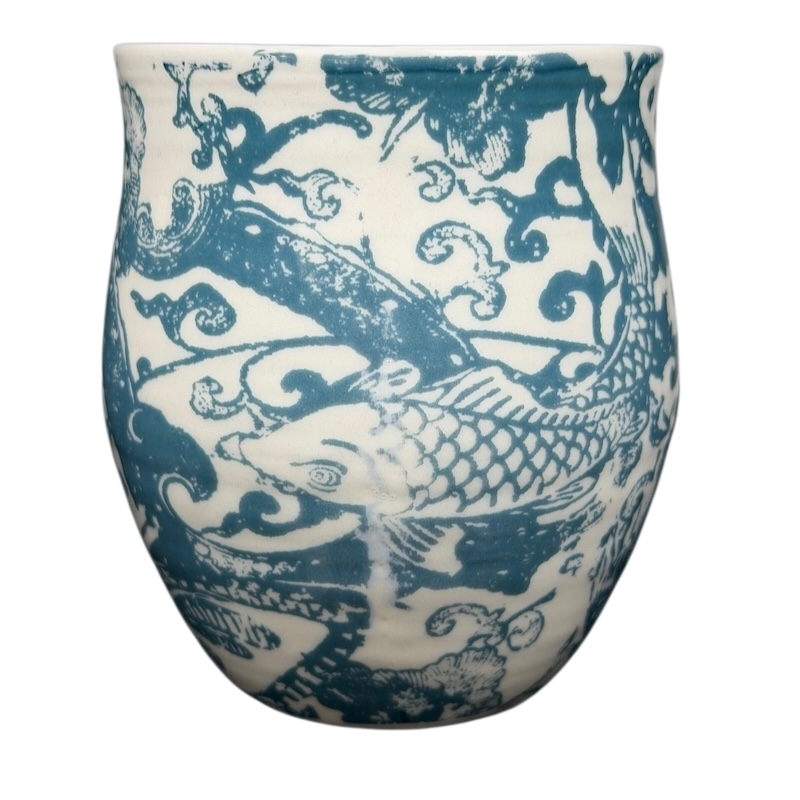 Vintage Anthropologie Homegrown B Mug featuring intricate fish and floral designs in blue and white