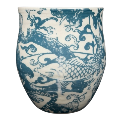 Vintage Anthropologie Homegrown B Mug featuring intricate fish and floral designs in blue and white