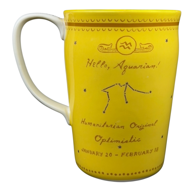 AQUARIUS Danielle Kroll Astrology Mug Anthropologie in yellow featuring optimistic horoscope design