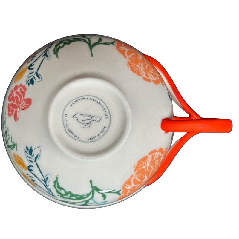 Arboretum Floral Orange Dragonfly Handle Mug Anthropologie with colorful floral designs and vibrant handle