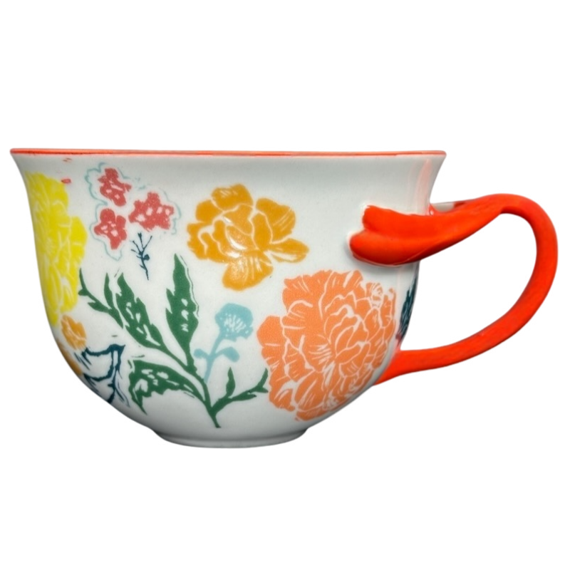 Arboretum Floral Orange Dragonfly Handle Mug Anthropologie with colorful floral design and unique handle