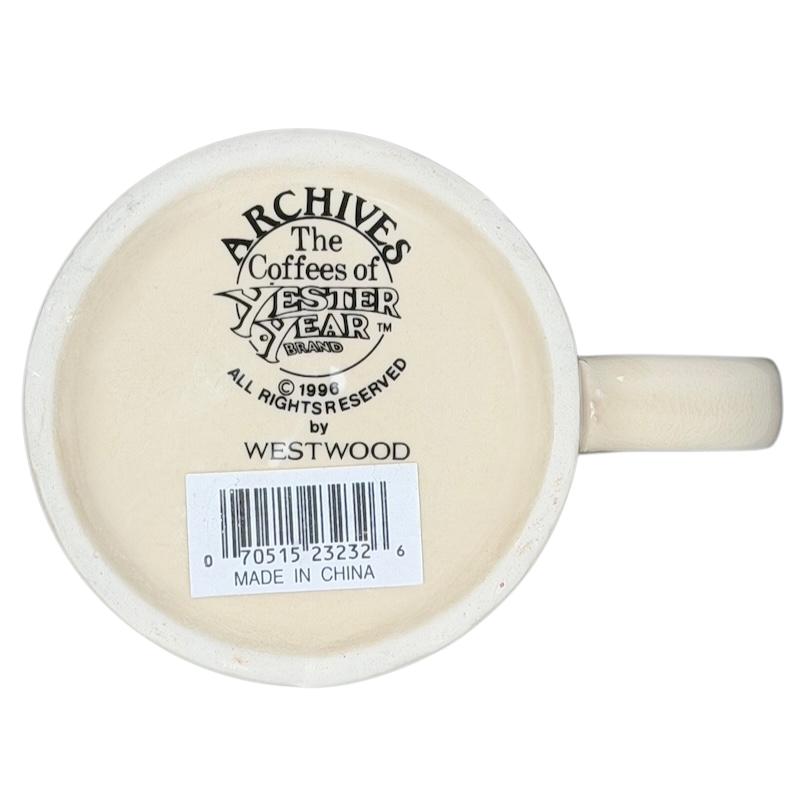 Bottom view of Archives Yester Year Brand American Belle Mug Westwood with details and barcode