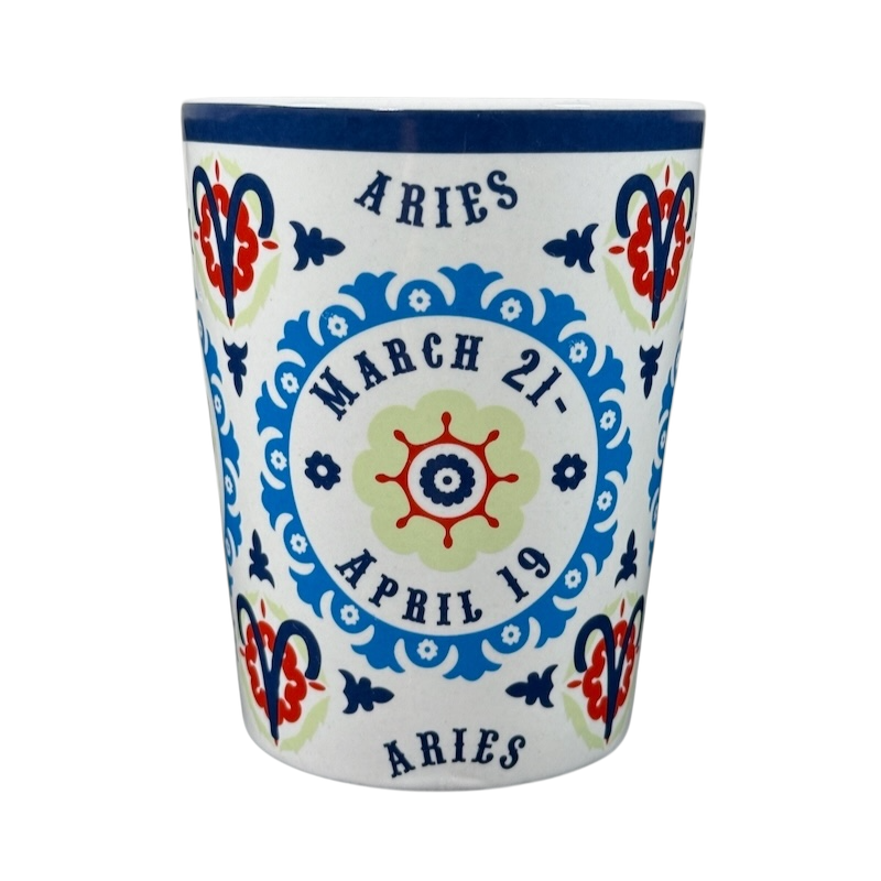 Aries zodiac Fisher mug with blue and red decorative design featuring Aries symbol and date range March 21 to April 19